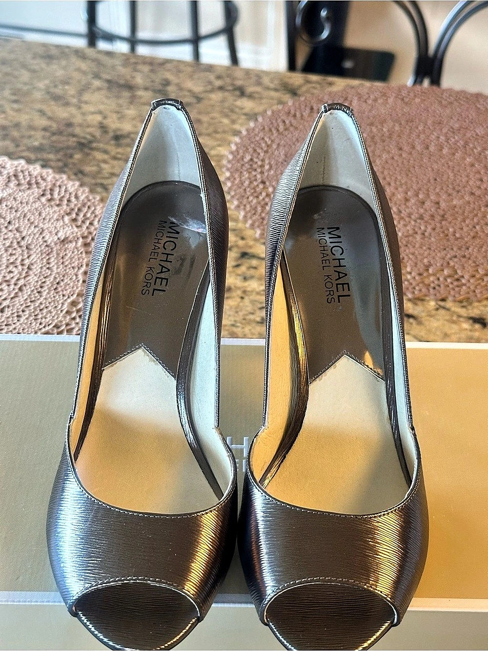 Michael Kors Nathalie Peep-Toe Heels in Gun Metallic NEW WITH BOX